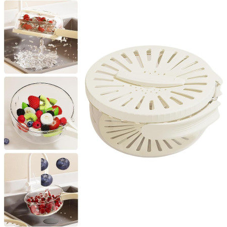 Strecuratoare 2 in 1 pentru Fructe si Legume, Cyrax, Cos de Scurgere si Cutie de Depozitare, 15.5 x 8.3 cm, din PP, cu Maner si Capac, Alb