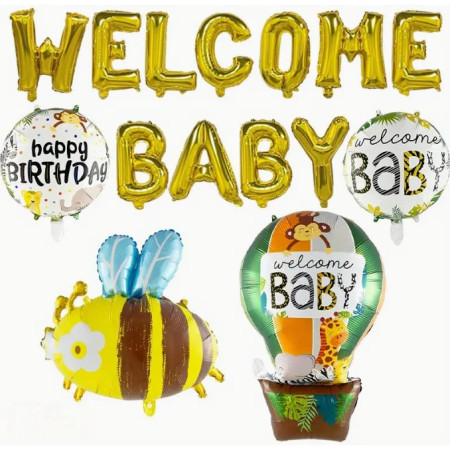 Set Baloane din Folie Metalizata, Cyrax, Model Welcome Baby, Litere de 40 cm, Baloane Party, Ambalaj Individual, Pai, Ata si Adeziv Incluse, Umflare cu Aer sau Heliu, Auriu