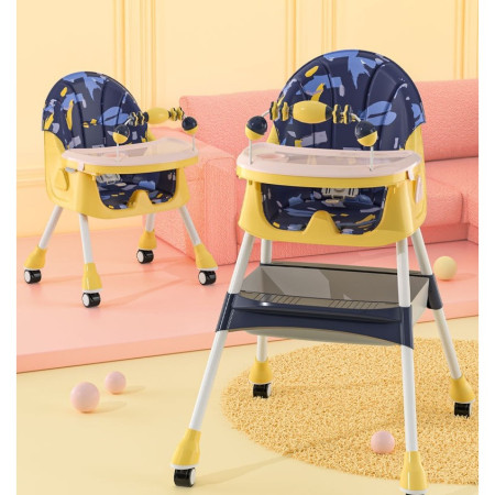 Scaun de Masa 2in1, Cyrax, pentru Copii de la 6 luni - 5 Ani, Inaltime Reglabila, Centura in 5 Puncte, Tava de Masa, Roti cu Frana, Cos Depozitare, Jucarie Inclusa, 94 x 78 x 60 cm, Albastru/Galben