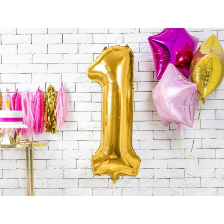 Balon din Folie Metalizata Cyrax, Figurina Cifra, Tema Aniversare 100 cm, Ambalaj Individual, Pai inclus, Umflare cu Aer sau Heliu, Auriu, Cifra 1