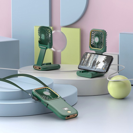 Ventilator Portabil  3 in 1, de Mana, de Gat, de Birou, 16.7 x 8 x 1.9 cm, 3 Trepte de Viteza, Incarcare USB, Pliabil, Afisaj Digital, Suport Telefon, Verde