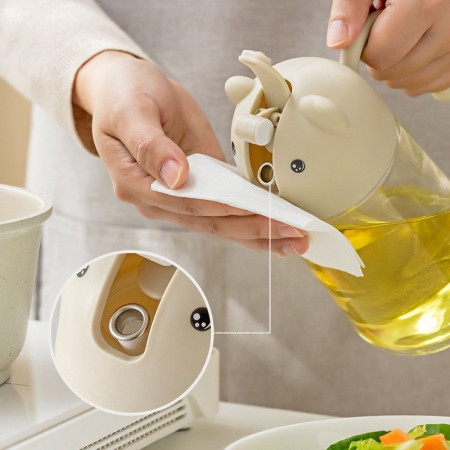 Recipient de ulei, Cyrax, Model Ursulet, Sticla pentru Lichide de Bucatarie, Inchidere Deschidere Automata, 18.5 x 13 cm, Volum 630 ml, Bej