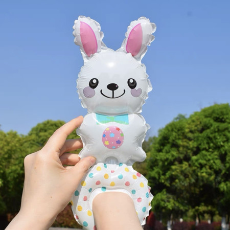 Balon din Folie Metalizata, Cyrax, Figurine Animalute, Tip Bratara, Model Iepuras, Ambalaj Individual, Pai Inclus, Umflare cu Aer sau Heliu, Alb