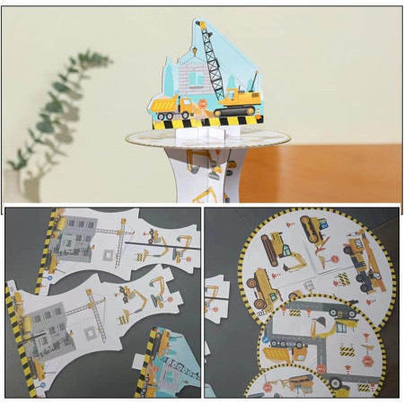 Etajera pentru Prajituri, Cyrax, din Carton, 3 Nivele, 16/22/29 cm Diametru, Inaltime 38 cm, Tema Utilaje de Santier, Multicolor