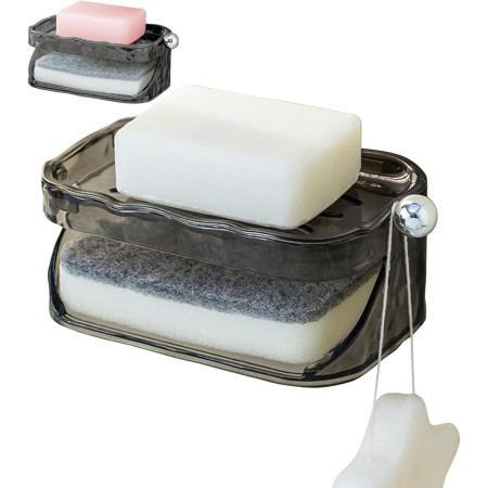 Savoniera Dubla,  2 Straturi, Instalare fara Perforare, Agatatoare Burete, 13.5 x 8.5 x 6 cm, Gri