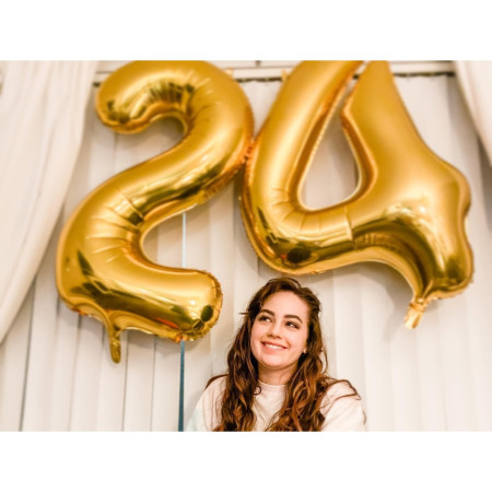 Balon din Folie Metalizata Cyrax, Figurina Cifra, Tema Aniversare 40 cm, Ambalaj Individual, Pai inclus, Umflare cu Aer sau Heliu, Auriu, Cifra 2
