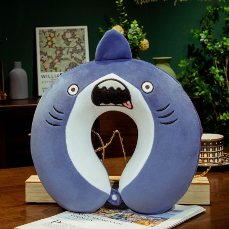 Perna de Calatorie in Forma de U,  Pentru Gat si Cap, Umplutura din Spuma cu Memorie, 30x30 cm, Model Rechin, Accesoriu de Voiaj, Birou, Masina, Sistem Prindere Capse, Albastru