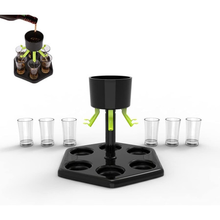 Dozator Hexagonal cu Suport pentru Shoturi, Cyrax, 6 Pahare, Set Complet cu Ambalaj si Cutie, Dispenser, Divizor, Joc de Baut, Negru