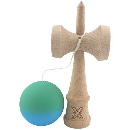 Kendama X Originala, Profesionala, Cyrax, din Lemn, Rubber Grip, 18 cm, Verde/Albastru