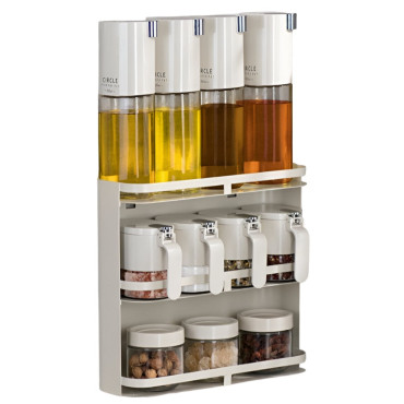 Suport pentru Depozitare Condimente, Ulei, Otet, Cyrax, Montare pe Perete din 12 Piese, Uz Casnic, pentru Bucatarie, 31 x 13.5 x 50.4cm, Alb