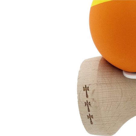 Kendama X Originala, Profesionala, Cyrax, Rubber Grip, Cupe Mari KING SIZE V3, Gaura in Baza, Rulment Metalic, din lemn 18 cm, Ata 62/65 cm, Bicolor Galben/Portocaliu