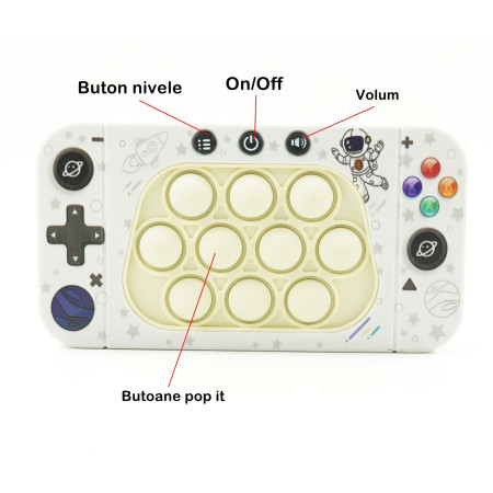 Jucarie interactiva tip consola pentru copii Cyrax, speed push whack-a-mole, joc de viteza pop it, material ABS/silicon, cu nivele, sunete si lumini, 15.5 x 7.6 x 5.3 cm, model astronaut, alb
