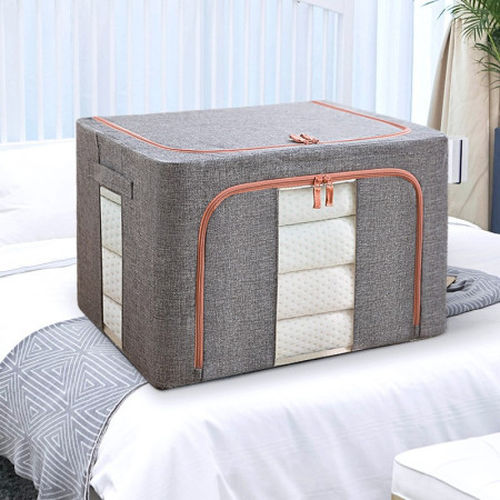 Cutie de depozitare pliabila,  Cu fermoar, 100 L, Textil, 60x42x40 cm, Cadru Metalic, Suport Baza Stabil din Plastic, Gri, Cu doua ferestre
