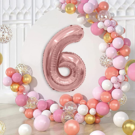 Balon din Folie Metalizata Cyrax, Figurina Cifra, Tema Aniversare 80 cm, Ambalaj Individual, Pai inclus, Umflare cu Aer sau Heliu, Rose, Cifra 6