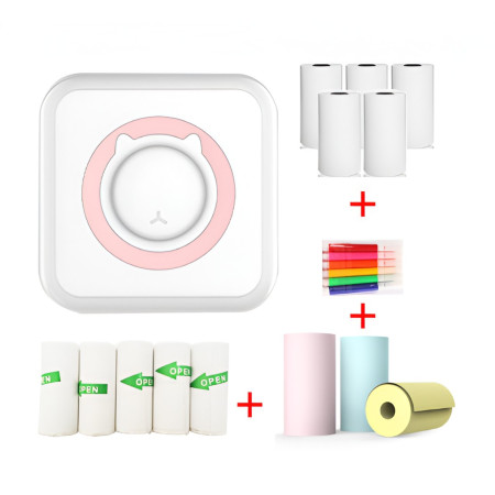 Mini Imprimanta Foto Portabila, Cyrax, 5 Role de Hartie Termica, 5 Role Autocolante, 3 Role Colorate, Pixuri, Incarcare USB, Model Pisica, Alb Roz