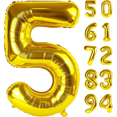 Balon din Folie Metalizata Cyrax, Figurina Cifra, Tema Aniversare 100 cm, Ambalaj Individual, Pai inclus, Umflare cu Aer sau Heliu, Auriu, Cifra 5