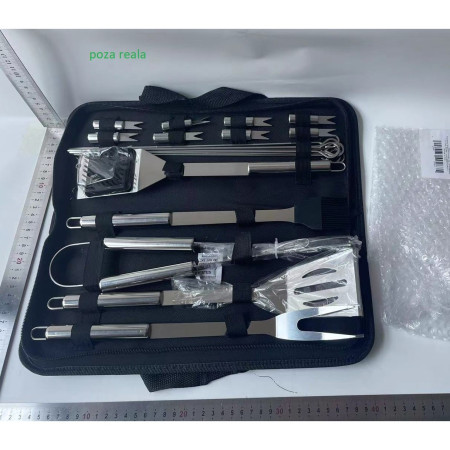 Set 18 Ustensile pentru Gratar, Cyrax, din Otel Inoxidabil, Geanta Oxford, Argintiu