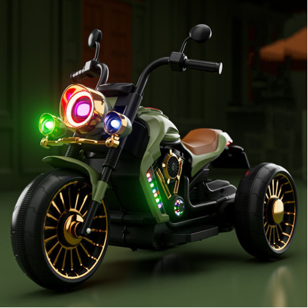 Tricicleta Electrica pentru Copii, Cyrax, cu 2 Acumulatoare 380*2, 6V 4.5, Telecomanda, Bluetooth, Sistem Anti-Rasturnare, Sistem de Lumini si Sunet, 6-8 Ani, 93 x 48 x 63 cm, Verde Negru