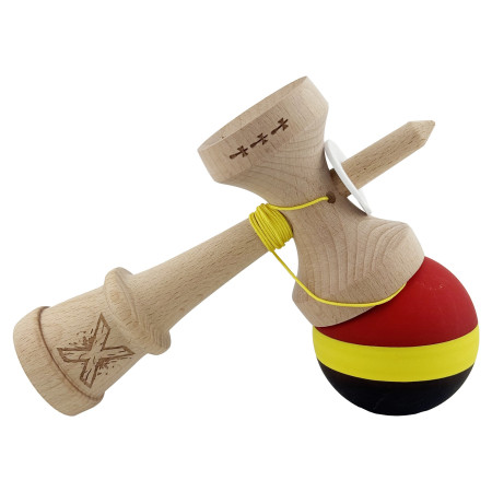 Kendama X Originala, Profesionala, Cyrax, Cupe Mari KING SIZE V3, Rubber Grip, Gaura in Baza, Rulment Metalic, din lemn 18 cm, Ata 62/65 cm, M Rosu/Galben/Negru