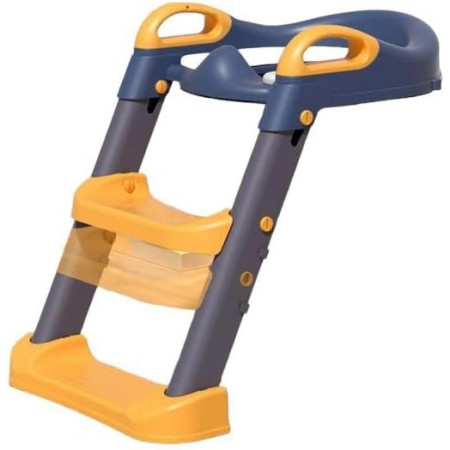 Reductor si Scaunel Inaltator WC, Cyrax, pentru Copii 1 - 7 Ani, 2 Trepte Reglabile, Pliabil, Colac Moale, cu Spatar si Manere, Inaltime 54/58 cm x 39.5 x 35 cm, din Plastic+PVC, Albastru/Portocaliu