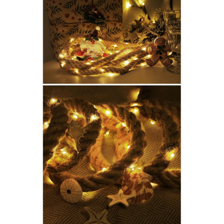 Instalatie Luminoasa,  cu Fir de Cupru, 2 m, 40 LED-uri, Model Sfoara de Canepa, cu Baterii, IP44, Alb Cald