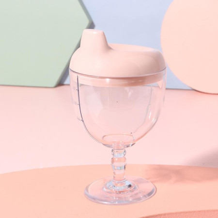 Pahar din Plastic Transparent cu Picior, Cyrax, pentru Copii, 14 x 7.7 cm, cu Cioc Antiscurgere, + 3 Ani, Fara Maner, Roz