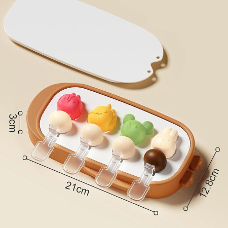 Forma pentru inghetata Cyrax, 4 compartimente, forme cu animalute, materialsilicon si ABS, 21 x 12.8 x 3cm, portocaliu