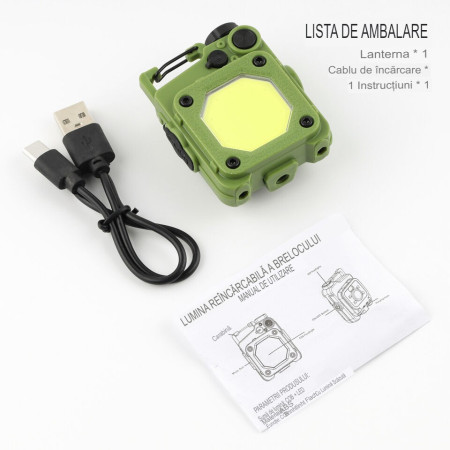 Lanterna Mini de Buzunar Tip Breloc,  Incarcare prin USB Type C, Multifunctionala, pentru Exterior, Camping, Alpinism, Ciclism, Mini Lanterna Elvis, 6.1 x 5 x 2.5 cm, Lumina Puternica, Culoare Verde
