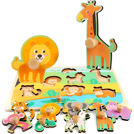 Puzzle Montessori din Lemn pentru Copii, Cyrax, 0-3 Ani, Model Animale din Jungla, Educativ, Intuitiv, Creativ, 9 Piese, 30x22.5x0.8 cm, Multicolor
