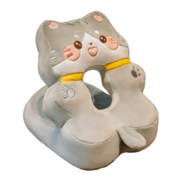 Perna din Spuma,  pentru Birou, Calatorii, Model Pisica, Lavabila, Umplutura de Bumbac, Spatiu Cap in Forma de 8, 30x35x30 cm, Gri