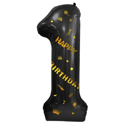 Balon din Folie Metalizata Cyrax, Figurina Cifra, Scris Happy Birthday, Tema Aniversare 100 cm, Ambalaj Individual, Pai inclus, Umflare cu Aer sau Heliu, Negru, Cifra 1