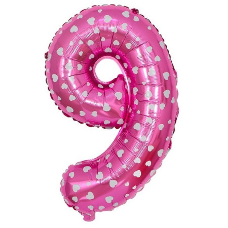 Balon din Folie Metalizata Cyrax, Figurina Cifra, Imprimeu Inimi, Tema Aniversare 80 cm, Ambalaj Individual, Pai inclus, Umflare cu Aer sau Heliu, Roz, Cifra 9