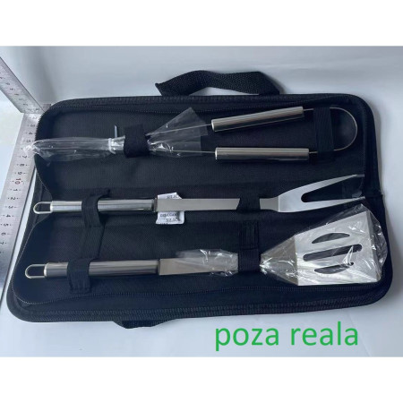 Set 3 Ustensile pentru Gratar, Cyrax, din Otel Inoxidabil, Geanta Oxford, Argintiu