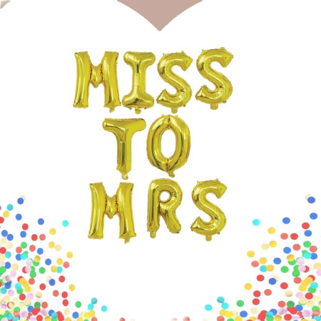 Set Baloane din Folie Metalizata, Cyrax, Model Scris Miss to Mrs, Litere de 40 cm, Tema Iubire, Baloane Party, Ambalaj Individual, Pai Inclus, Umflare cu Aer sau Heliu, Auriu