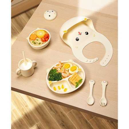 Set 7 Piese Hranire Bebelusi si Copii, Cyrax, din Silicon, fara BPA, de la 12 Luni, Model Pisicuta, 30 x 25 x 6 cm, Bej