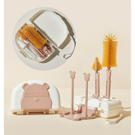 Set 7 Piese de Spalat/Uscat Biberoane, Cyrax, Portabil, Peri de Silicon, pentru Tetine, Suzete, Biberoane, Paie, Cutie Inclusa, 16 x 11 x 5 cm, Model Ursulet, Maro