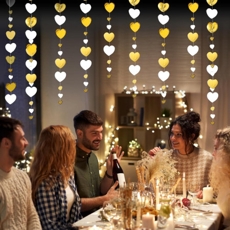 Banner cu Inimioare, Cyrax, Tip Franjuri, 4 m, Rola de Ata Inclusa, Auriu/Alb