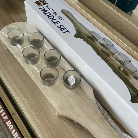 Pahare Shot din Sticla, Cyrax, Set 6 pahare pentru Shot cu Suport din Lemn, Design Rustic, 41 x 8.5 x 6 cm, Model 2, Maro