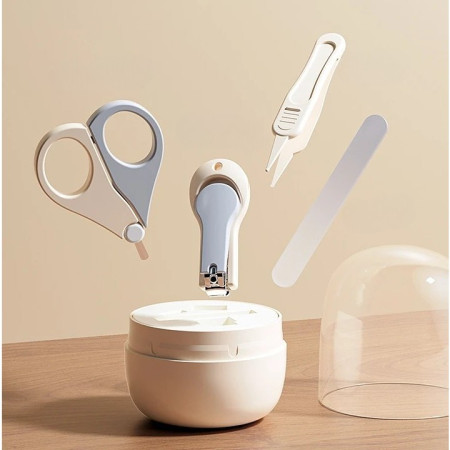 Set 4in1 de Ingrijire Unghii pentru Bebelusi, Cyrax, Cutie de Depozitare Tip Borcan, 0-6 Ani, 10 x 7 x 6 cm, Alb/Gri