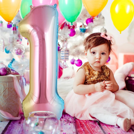 Balon din Folie Metalizata Cyrax, Figurina Cifra Gradient, Tema Aniversare 40 cm, Ambalaj Individual, Pai inclus, Umflare cu Aer sau Heliu, Multicolor, Cifra 1