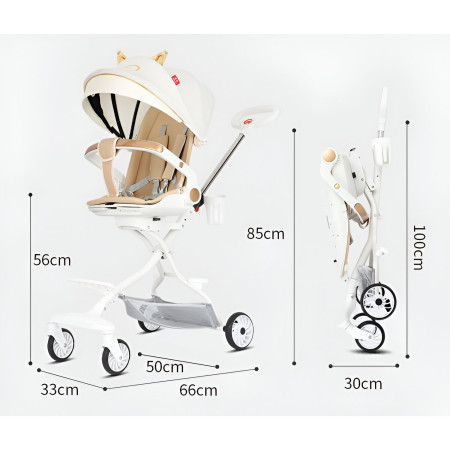 Carucior Sport Cyrax 3in1, 6-36 Luni, Reversibil, Pliabil, Tavita pentru Masa, Pozitie de Somn, Centura de Siguranta, Roti 360, Suport Pahar, Copertina pentru Soare, 33x66x85cm, Alb Model Pisica