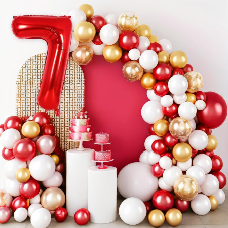 Balon din Folie Metalizata Cyrax, Figurina Cifra, Tema Aniversare 80 cm, Ambalaj Individual, Pai inclus, Umflare cu Aer sau Heliu, Rosu, Cifra 7