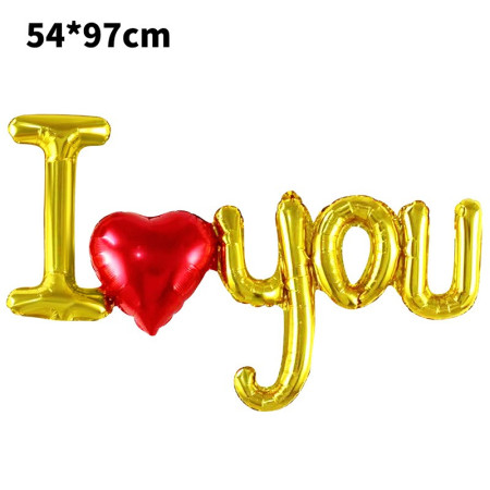 Set Baloane Folie Metalizata, Cyrax, Model I LOVE YOU cu Inimioara, 54x97 cm, Tematica Ziua Îndrăgostiților, Ambalaj Individual, Pai Inclus, Umflare cu Aer sau Heliu, Auriu
