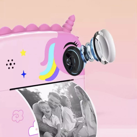 Camera Instantanee pentru Copii, Cyrax, Camera Frontala + Selfie, cu Functie de Printare, Cablu USB-C, Bluetooth, Compatibil iOS/Android, Model Unicorn, Snur Inclus, Roz