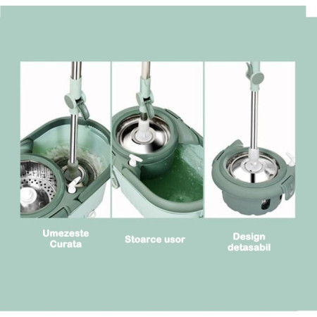 Set mop rotativ cu galeata  material plastic si microfibra, o rezerva inclusa, rezistent, cu dop scurgere, vas detasabil, orificiu pentru solutie, pentru interior, capacitate 8 l, verde