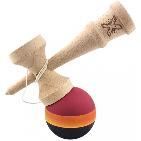 Kendama Originala X, Profesionala, Cyrax, Rubber Grip, din Lemn, 18 cm, Rosu/Galben/Negru