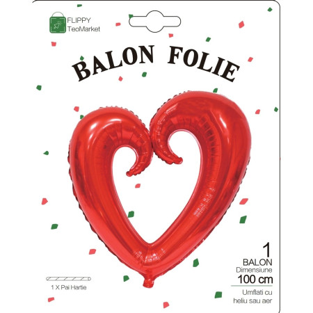 Balon din Folie Metalizata, Cyrax, Figurina Inima Gigantica, Tema Ziua Indragostitilor, 100 cm, Ambalaj Individual, Pai Inclus, Umflare cu Aer sau Heliu, Rosu