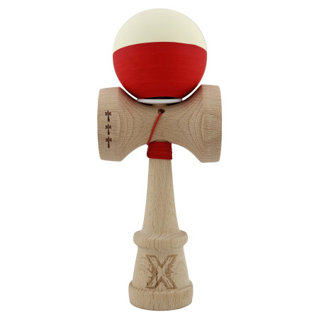 Kendama X Originala, Profesionala, Cyrax, Rubber Grip, Cupe Mari KING SIZE V3, Gaura in Baza, Rulment Metalic, din lemn 18 cm, Ata 62/65 cm, Bicolor Galben/Rosu