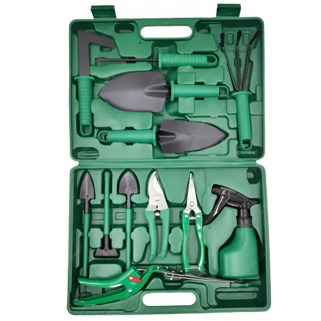 Set 12 Unelte de Gradina,  pentru Plantare Prelucrare Sol si Ingrijire Plante, Material PVC si Otel, Cutie Inclusa, 38 x 29 cm, Verde Deschis