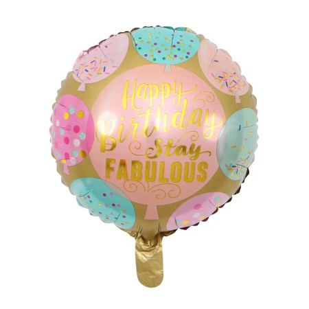 Balon din Folie Metalizata, Cyrax, Mini Figurina Rotunda, Model Happy Birthday Stay Fabulous, Tematica Aniversare, 45 cm, Ambalaj Individual, Pai Inclus, Umflare cu Aer sau Heliu, Multicolor